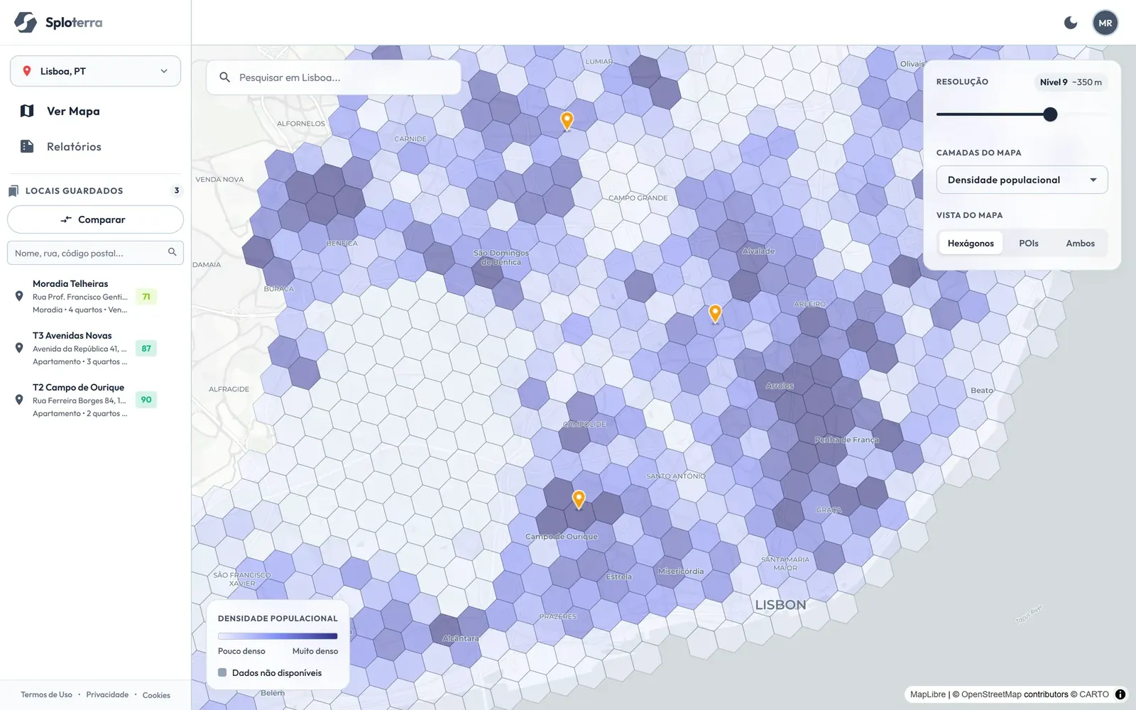 Camada de densidade populacional sobre Lisboa em tons de índigo